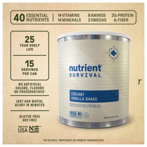 A can of Non-GMO, Vegetarian, and Gluten-Free nutrient survival.