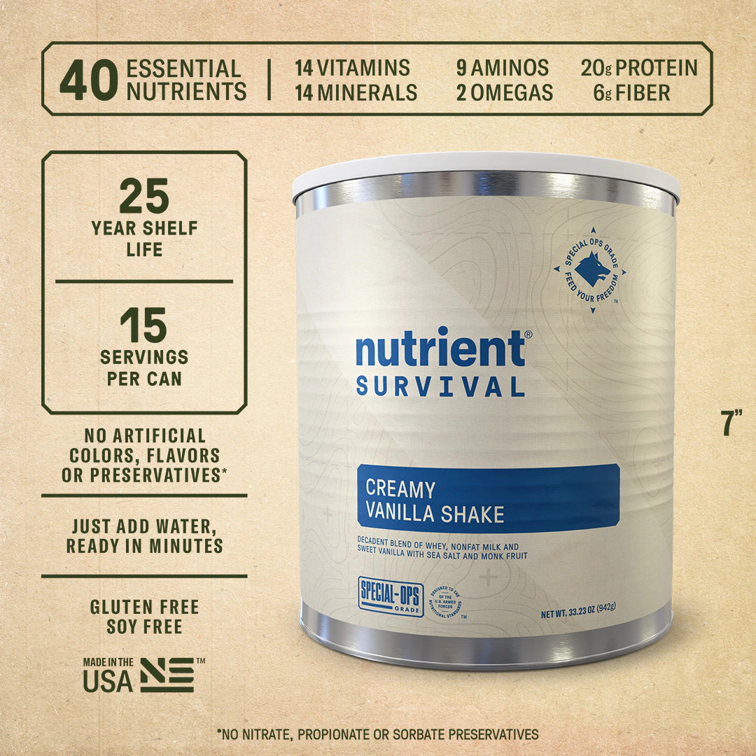 A can of Non-GMO, Vegetarian, and Gluten-Free nutrient survival.