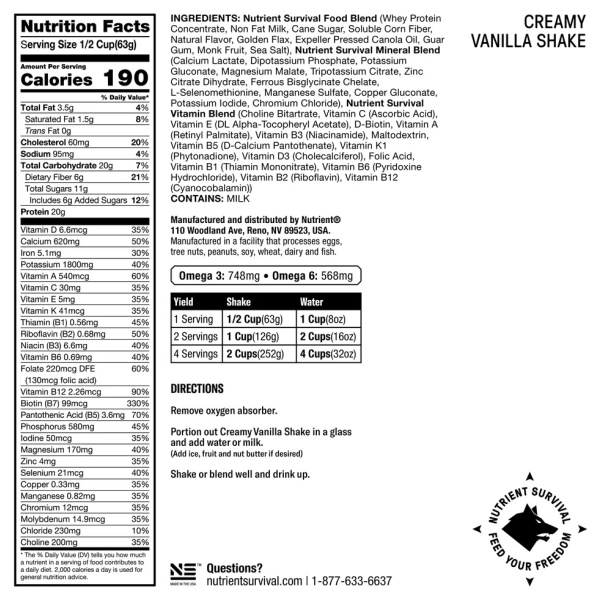 A Vanilla Shake nutrition label for a Non-GMO and Gluten-Free protein shake with 15 servings.