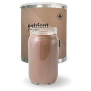 A jar of Nutrient Survival Non-GMO Vegetarian Gluten-Free Creamy Chocolate Shake 15 Servings - (SHIPS IN 2-4 WEEKS) next to a canning tin.