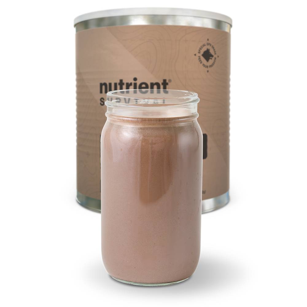 A jar of Nutrient Survival Non-GMO Vegetarian Gluten-Free Creamy Chocolate Shake 15 Servings - (SHIPS IN 2-4 WEEKS) next to a canning tin.