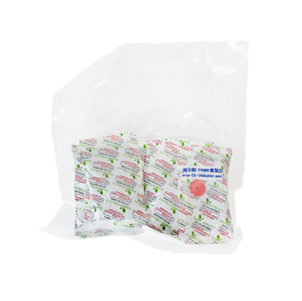 A bag of candy in a plastic bag on a white background with Harvest Right 50-Pack 300cc Oxygen Absorbers.