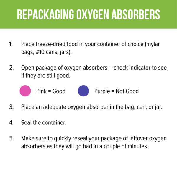 Instructions for repackaging Harvest Right 50-Pack 300cc Oxygen Absorbers.