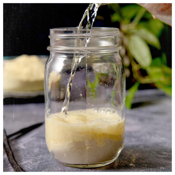A vegetarian vanilla shake in a mason jar with 15 servings, suitable for nutrient survival.