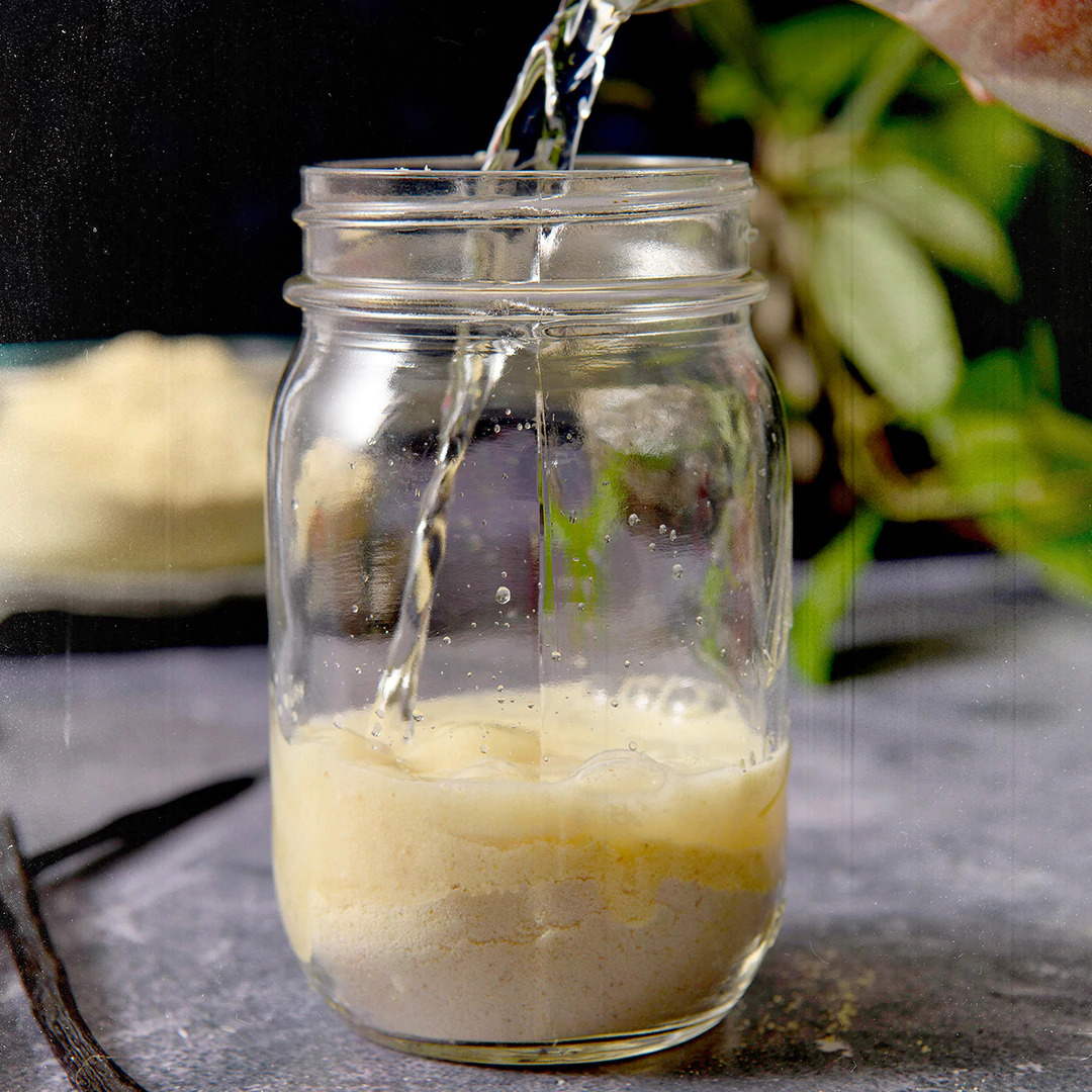 A vegetarian vanilla shake in a mason jar with 15 servings, suitable for nutrient survival.