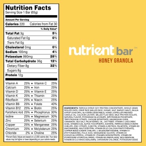 Nutrient Survival Honey Granola Bar 20 Pack - (SHIPS IN 2-4 WEEKS) nutrition label.