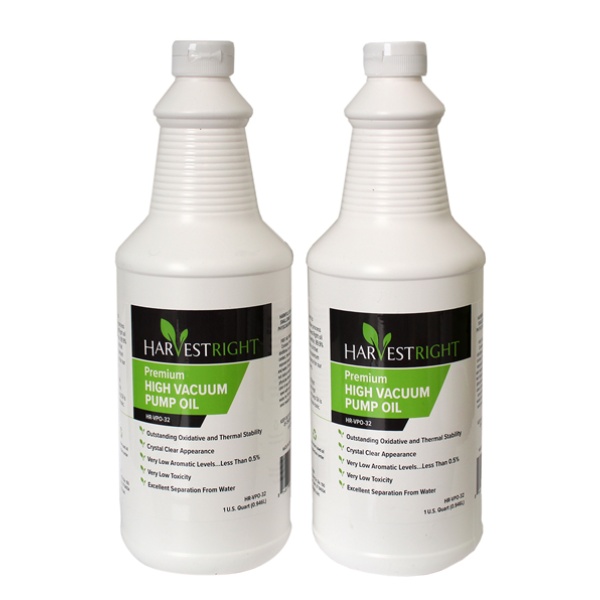 Two bottles of Harvest Right Freeze Dryer Vacuum Pump Oil - 2 Pack - (SHIPS IN 1-3 WEEKS) on a white background.