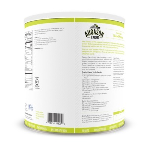 The back of an Augason Farms Freeze-Dried Diced Mango #10 Can 15 Servings - (SHIPS IN 1-2 WEEKS) with a label on it.