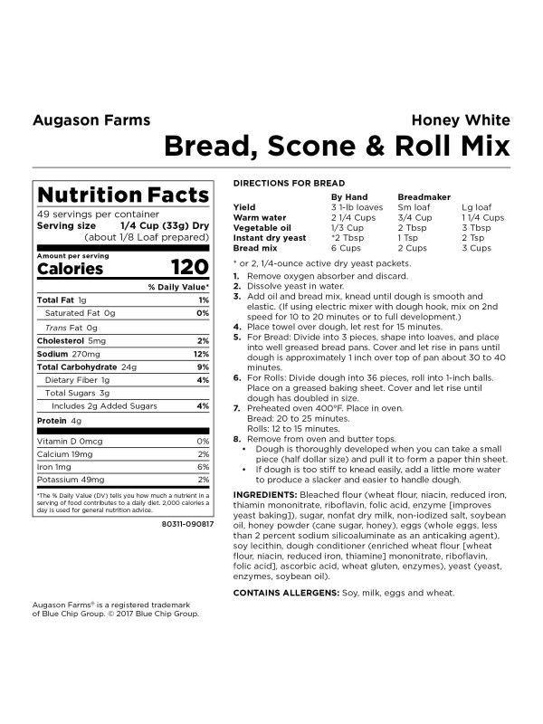 A package of Augason Farms Honey White Bread, Scone and Roll Mix 49 Servings - (SHIPS IN 1-2 WEEKS).