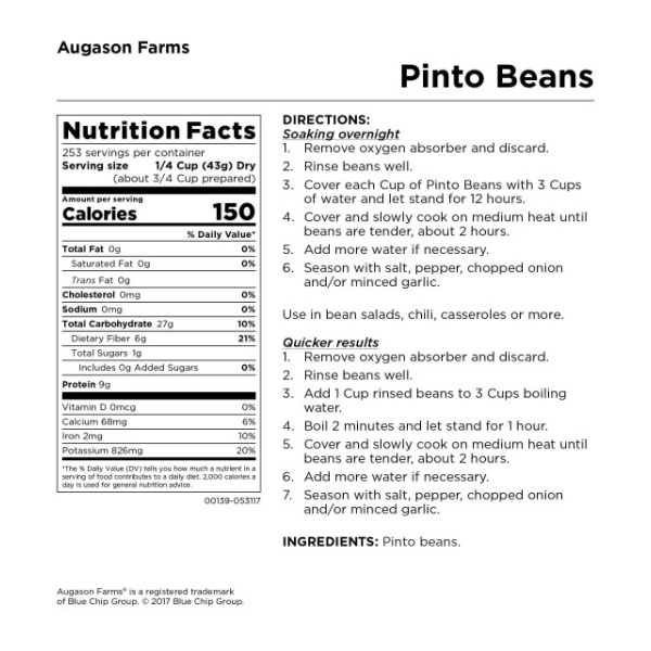 A nutrition label for Augason Farms Pinto Beans 4 Gallon Pail 253 Servings - (SHIPS IN 1-2 WEEKS).
