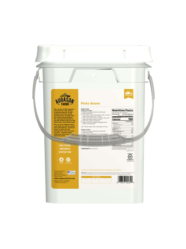 A 4 gallon pail of Augason Farms Pinto Beans with 253 servings and a handle on it.