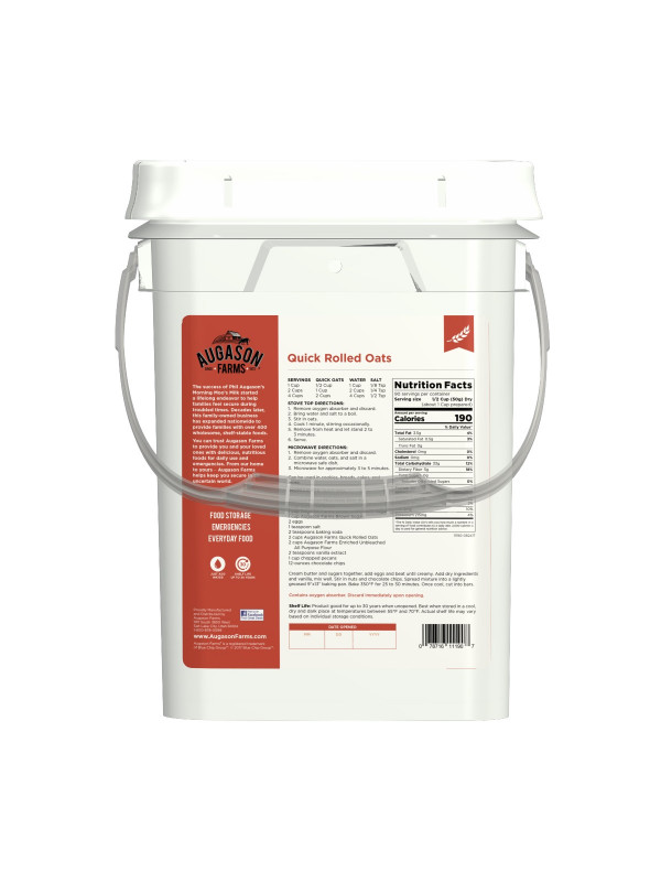 An Augason Farms Quick Rolled Oats 4 Gallon Pail 108 Servings - (SHIPS IN 1-2 WEEKS) with a handle on it.