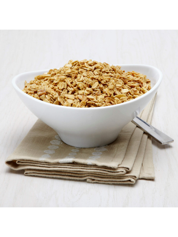 A bowl of Augason Farms Quick Rolled Oats 4 Gallon Pail 108 Servings - (SHIPS IN 1-2 WEEKS) sitting on a napkin.