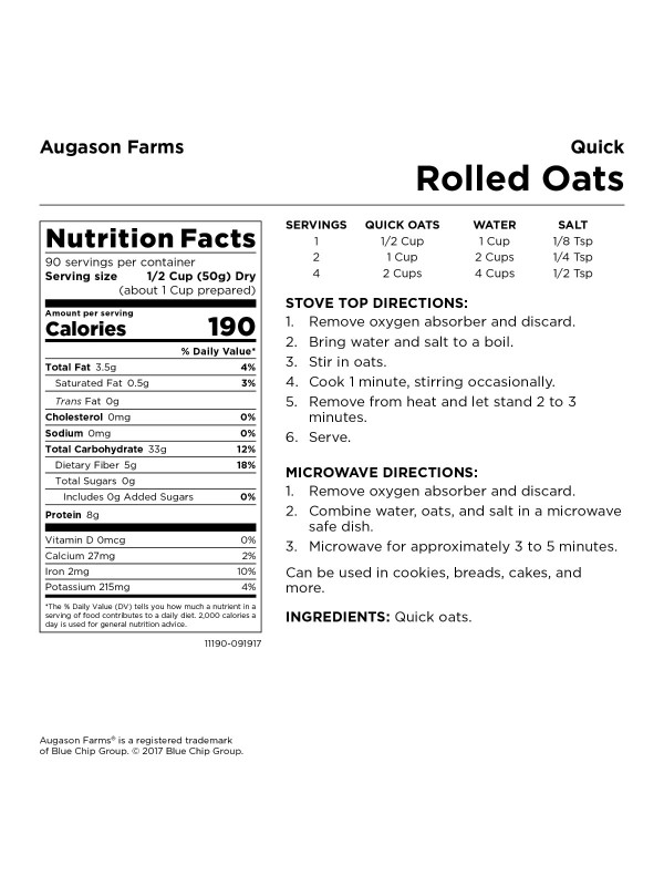 Augason Farms Quick Rolled Oats 4 Gallon Pail 108 Servings nutrition label.