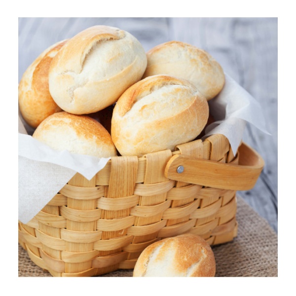 *Augason Farms Honey White Bread, Scone and Roll Mix 49 Servings - (SHIPS IN 1-2 WEEKS) rolls in a basket on a wooden table.