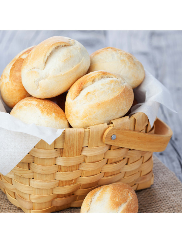 *Augason Farms Honey White Bread, Scone and Roll Mix 49 Servings - (SHIPS IN 1-2 WEEKS) rolls in a basket on a wooden table.