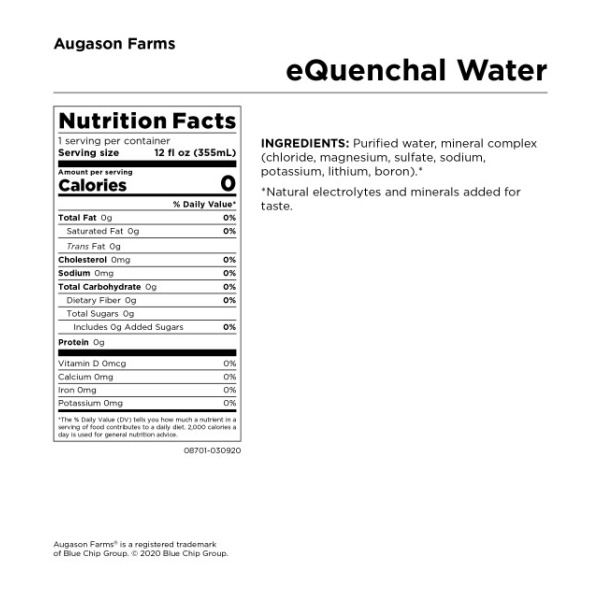 Nutrition facts for Augason Farms eQuenchal Canned Water - Case of 24 Cans of Water - (SHIPS IN 1-2 WEEKS).