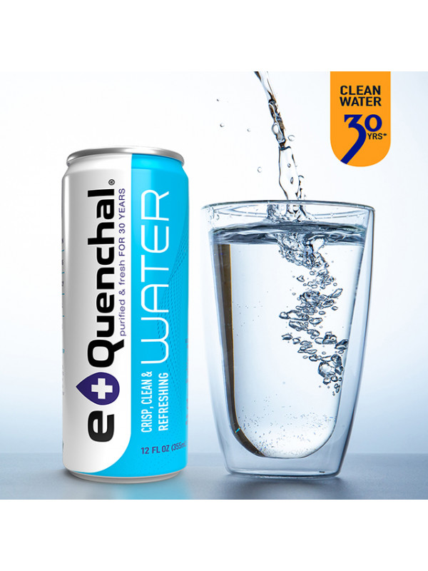 A can of Augason Farms eQuenchal Canned Water with a glass of water.