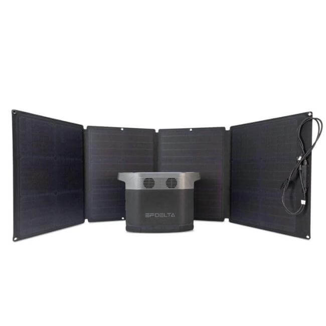 An EcoFlow DELTA 1300 Power Station Solar Generator with 1 (One) 110W Foldable Solar Panels attached to it.