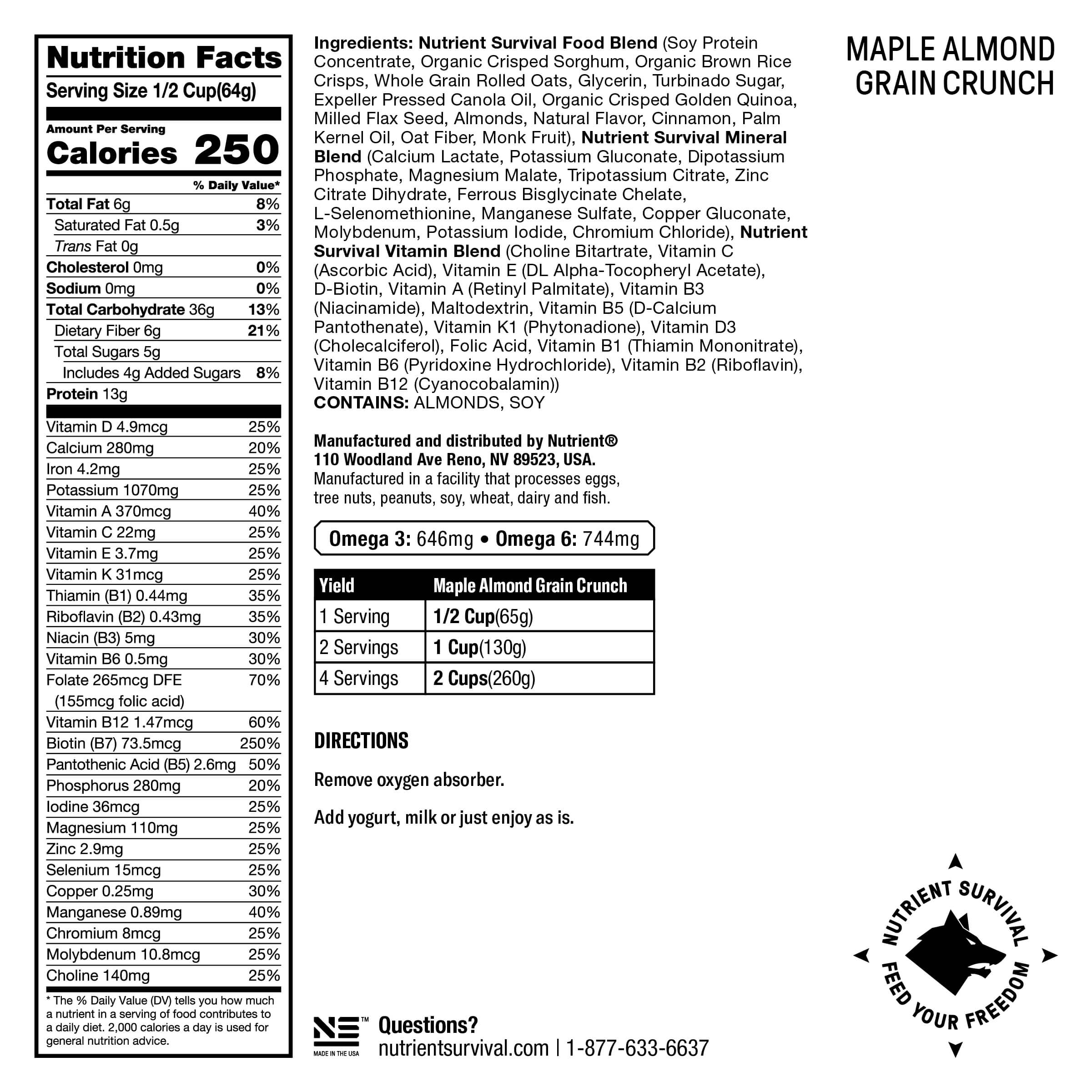 Nutrient Survival Maple Almond Grain Crunch Cereal 12 Servings nutrition label.