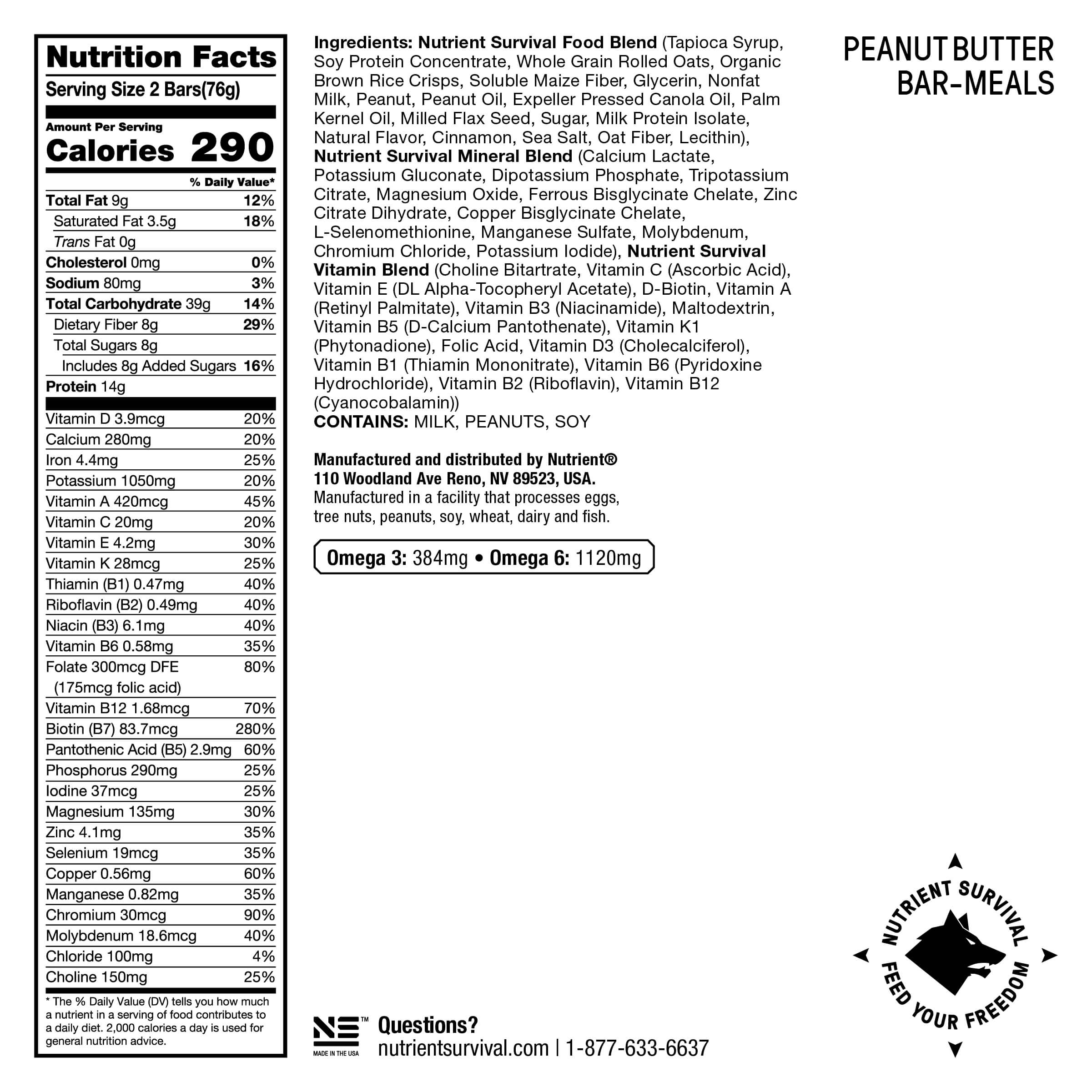 The back of a nutrition label for Nutrient Survival Peanut Butter Bar Meals #10 Can 10 Servings - (SHIPS IN 2-4 WEEKS).