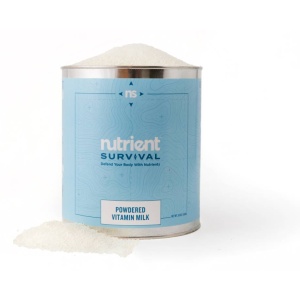 Nutrient Survival Powdered Vitamin Milk #10 Can 60 Servings in a tin on a white background.
