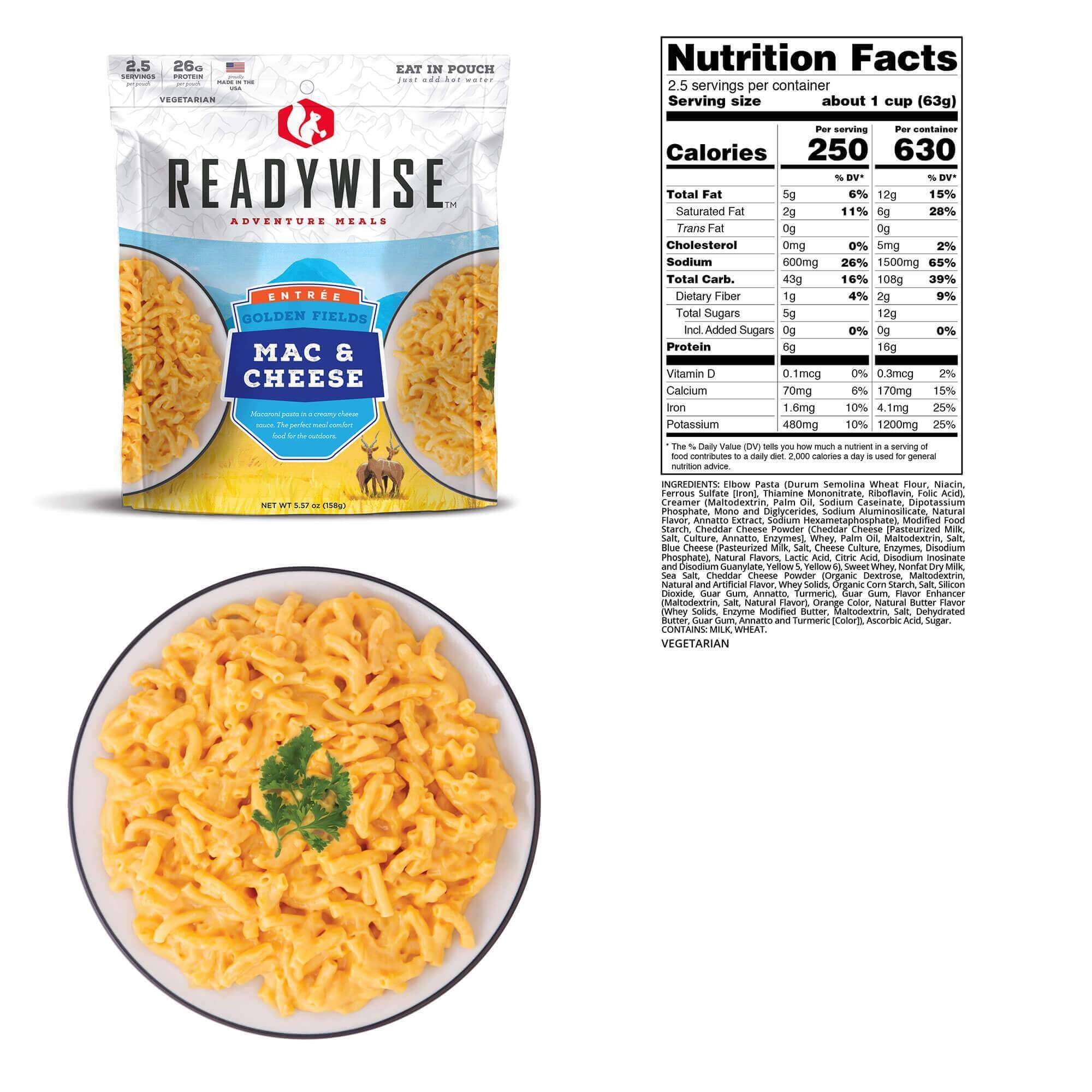 A package of ReadyWise (formerly Wise Food Storage) 2 Day Adventure Bag (SHIPS IN 1-2 WEEKS) macaroni and cheese.
