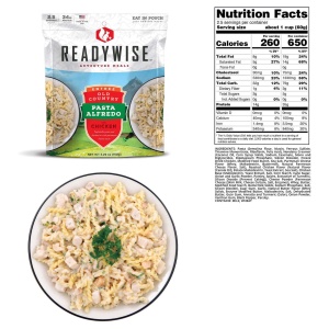 A package of ReadyWise Adventure Meals Favorites Kit (SHIPS IN 1-2 WEEKS) pasta next to a bowl of pasta.
