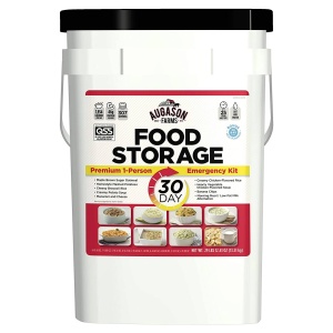 A *Augason Farms 30-Day 1-Person Emergency Food Supply 307 Servings - (SHIPS IN 1-2 WEEKS) of food storage on a white background.
