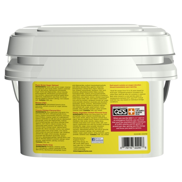 An Augason Farms 72-Hour 1-Person Emergency Food Pail - (SHIPS IN 1-2 WEEKS) with a label on it.