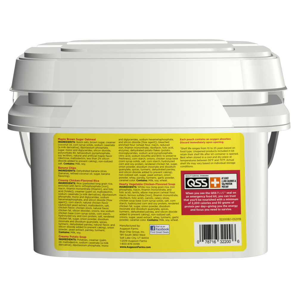 An Augason Farms 72-Hour 1-Person Emergency Food Pail - (SHIPS IN 1-2 WEEKS) with a label on it.