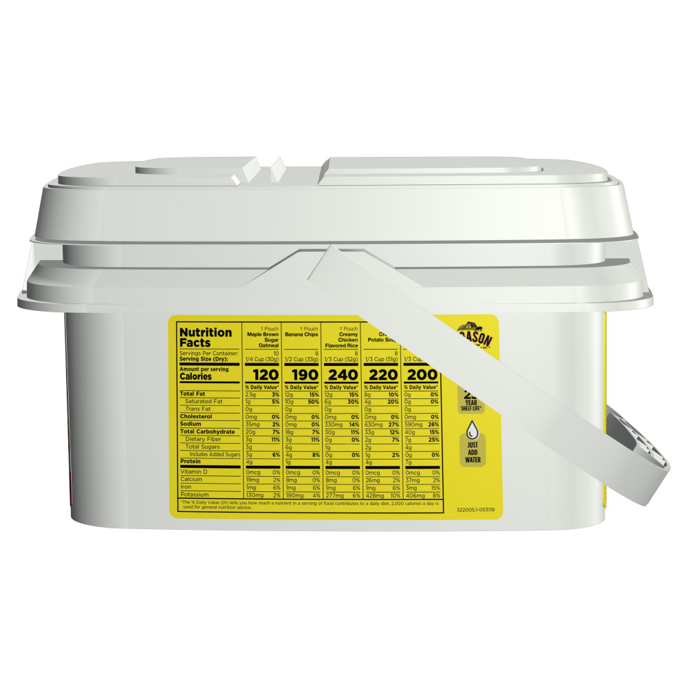 A white Augason Farms 72-Hour 1-Person Emergency Food Pail with a yellow label on it.