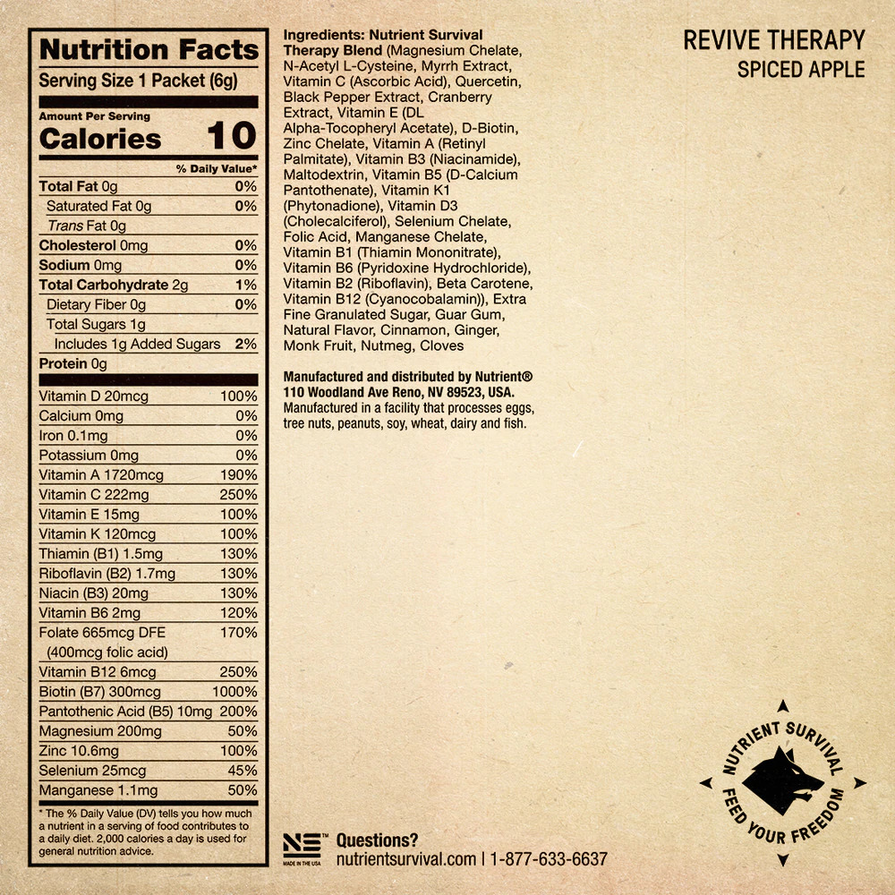 Nutrient Survival Revive Therapy nutrition label - 10 servings.