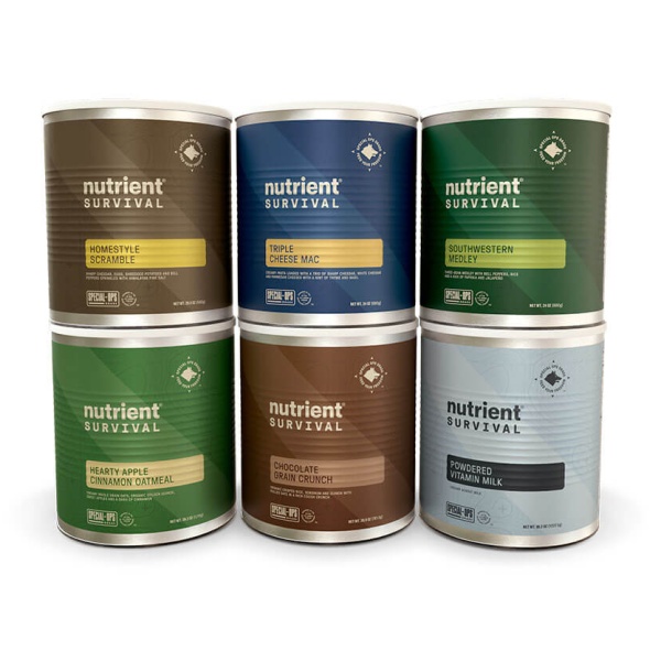 Nutrient Survival 72 Hour Kit for 4 People - A group of cans with different colors and flavors.