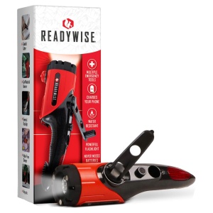 A red and black ReadyWise (formerly Wise Food Storage) Multi-Functional Survival Flashlight with a box in front of it.