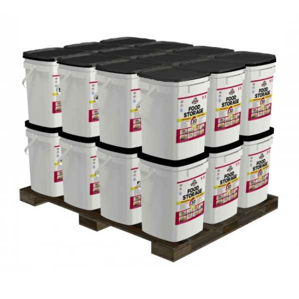 A stack of Augason Farms One Year Bucket Kit for Two People on a pallet.