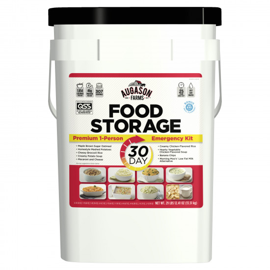 A *Augason Farms One Year Bucket Kit for One Person - 12 Pails - (SHIPS IN 1-2 WEEKS) of food storage on a white background.