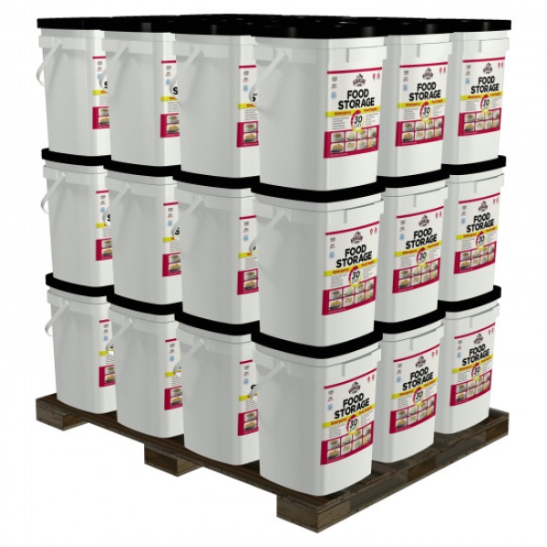A stack of Augason Farms One Year Bucket Kits for Three People - 36 Pails - (SHIPS IN 1-2 WEEKS) stacked on top of each other.