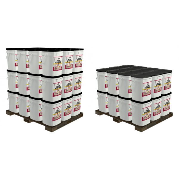 A stack of the Augason Farms One Year Bucket Kit for Five People - 60 Pails - (SHIPS IN 1-2 WEEKS) on a pallet.