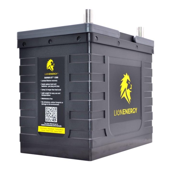 A Lion Energy Lion Safari UT 1300 Deep Cycle Battery with a lion logo on it.