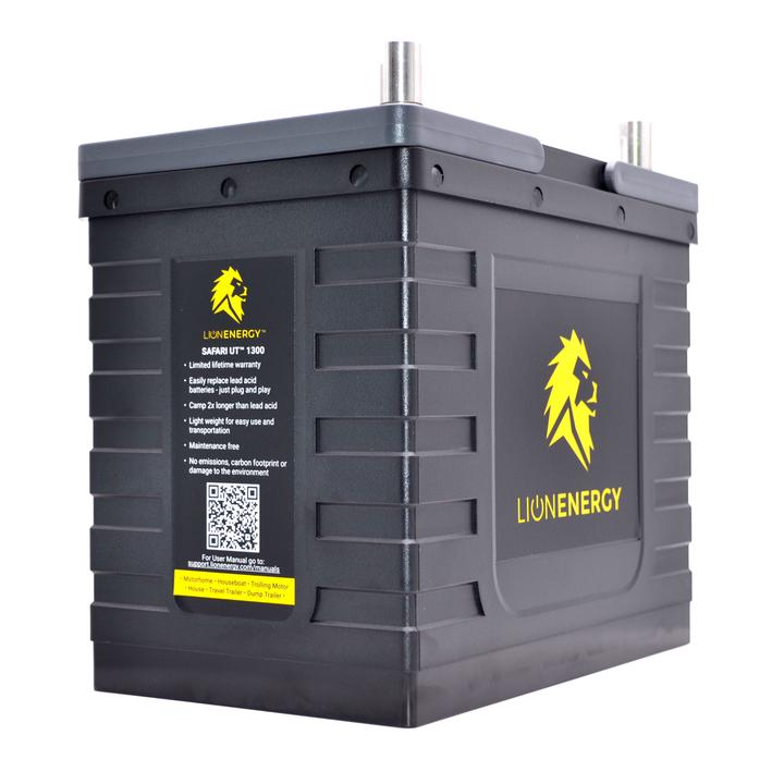 A Lion Energy Lion Safari UT 1300 Deep Cycle Battery with a lion logo on it.