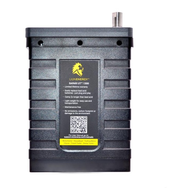 A Lion Energy Lion Safari UT 1300 Deep Cycle Battery with a yellow qr code on it.