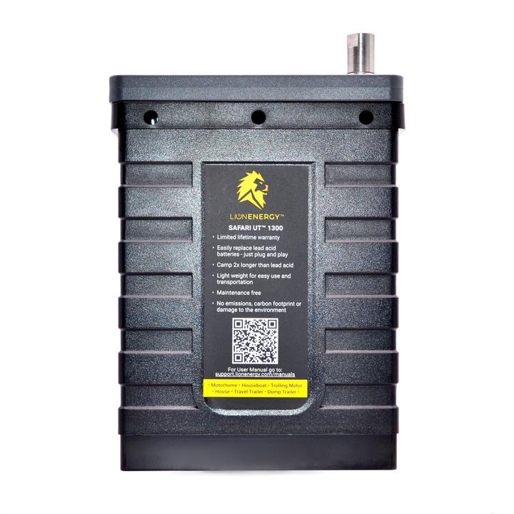 A Lion Energy Lion Safari UT 1300 Deep Cycle Battery with a yellow qr code on it.