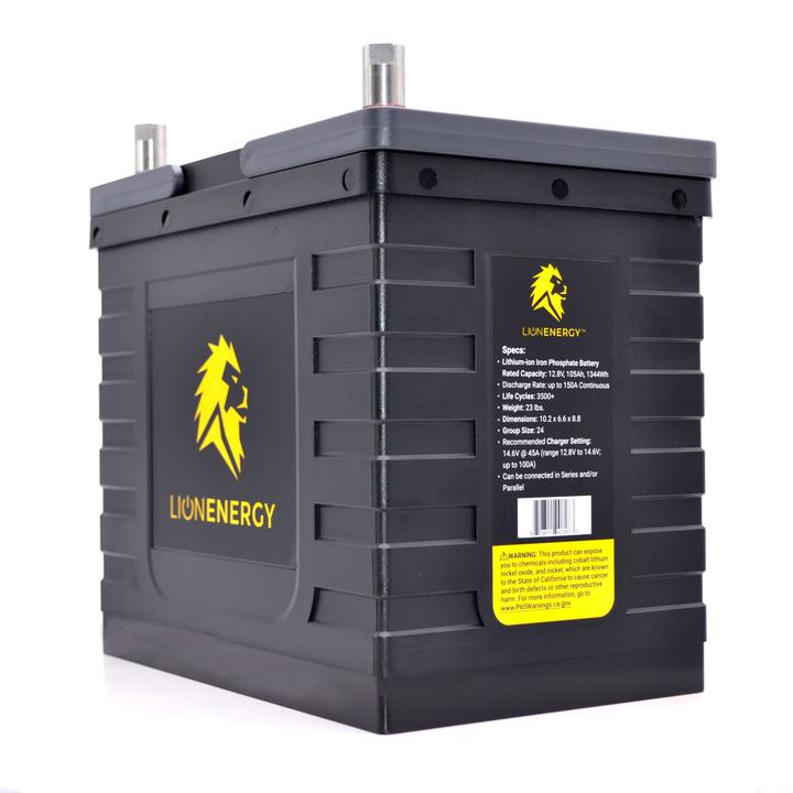 A Lion Energy Lion Safari UT 1300 Deep Cycle Battery on a white background.