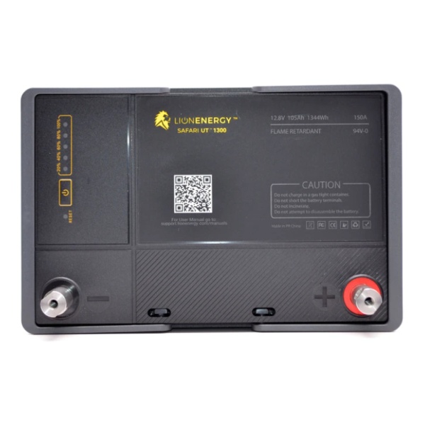 A Lion Energy Lion Safari UT 1300 Deep Cycle Battery charger with a qr code on it.