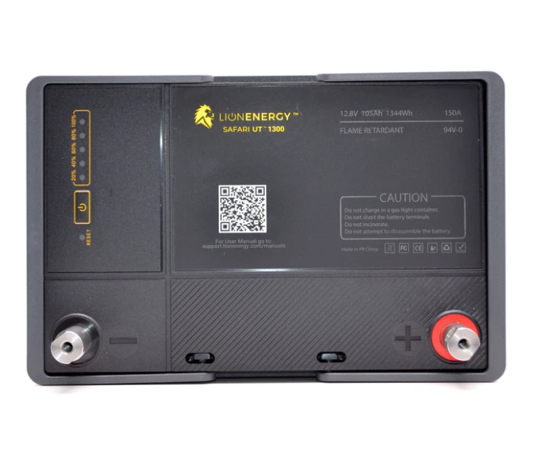 A Lion Energy Lion Safari UT 1300 Deep Cycle Battery charger with a qr code on it.