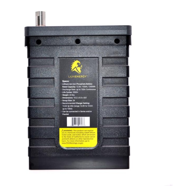 The back of a Lion Energy Lion Safari UT 1300 Deep Cycle Battery on a white background.