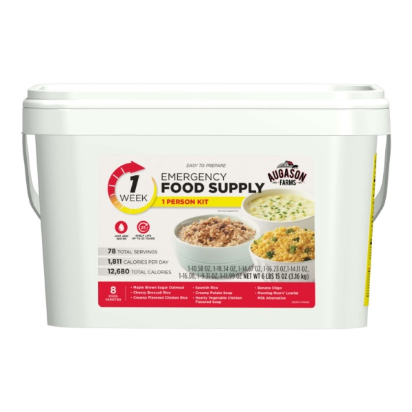A Augason Farms 1-Week 1-Person Emergency Food Pail - (SHIPS IN 1-2 WEEKS) on a white background.