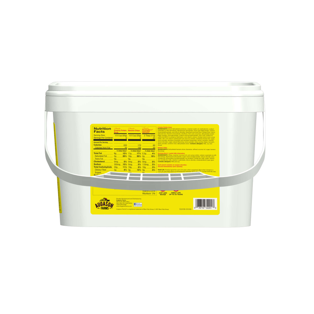 A white Augason Farms 1-Week 1-Person Emergency Food Pail - (SHIPS IN 1-2 WEEKS) with a yellow label on it.