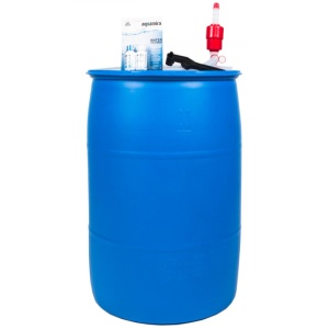 A Augason Farms 55 Gallon Blue Barrel and Pump Kit - (SHIPS IN 1-2 WEEKS) with a bottle of water.